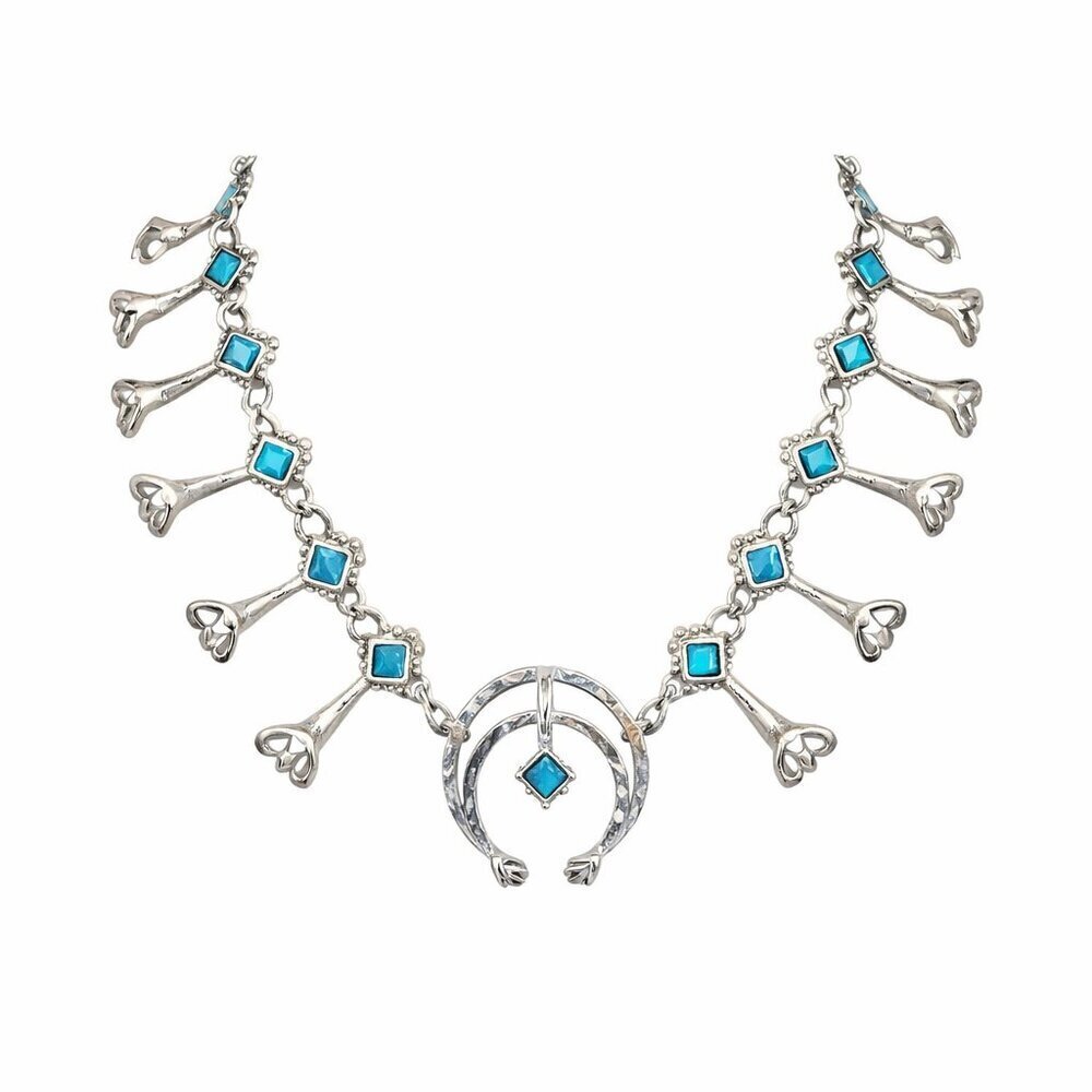 Vintage Faux Turquoise Squash Blossom Necklace Boho Chic 20" Long Silver Chain
